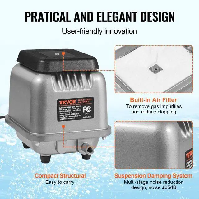 Alt view image 5 of 7 - VEVOR Linear Air Pump, 109L/Min Air Flow Septic Aerator Pump, Aeration System for 1/2 Acre 10 FT Deep Ponds, Water Gardens, Waste Treatments, Septic Tanks, Aquariums, Seafood Restaurants, Fish Farms