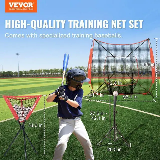 Alt view image 2 of 14 - VEVOR 7x7 ft Baseball Softball Practice Net, Portable Baseball Training Net for Hitting Catching Pitching, Backstop Equipment with Bow Frame, Carry Bag, Strike Zone, 12 Balls, Tee, and Ball Collector