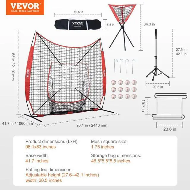 Alt view image 7 of 14 - VEVOR 7x7 ft Baseball Softball Practice Net, Portable Baseball Training Net for Hitting Catching Pitching, Backstop Equipment with Bow Frame, Carry Bag, Strike Zone, 12 Balls, Tee, and Ball Collector