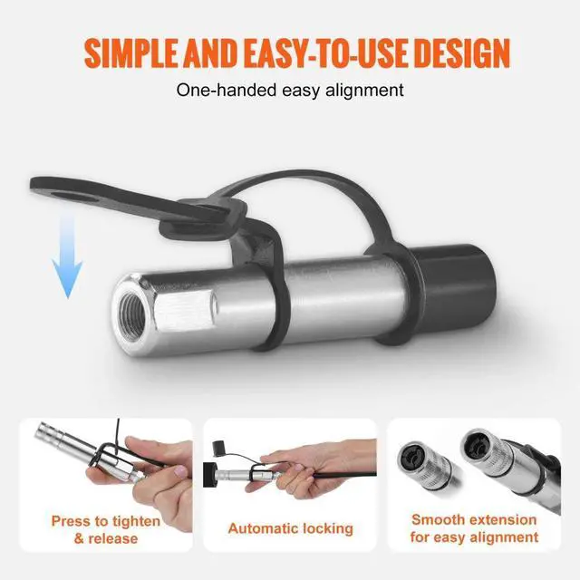 Alt view image 4 of 7 - VEVOR Grease Gun Coupler, 10000 PSI High Pressure, 3-Jaw Locking, Quick Release Grease Gun Tip with Hose/Zerk Fittings Cleaner/Leak-Proof Cap, Compatible with All Grease Guns 1/8" NPT Grease Fittings