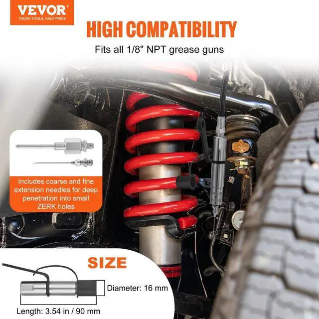 Alt view image 2 of 7 - VEVOR Grease Gun Coupler, 10000 PSI High Pressure, 3-Jaw Locking, Quick Release Grease Gun Tip with Hose/Zerk Fittings Cleaner/Extension Needles, Compatible with All Grease Guns 1/8" NPT Fittings
