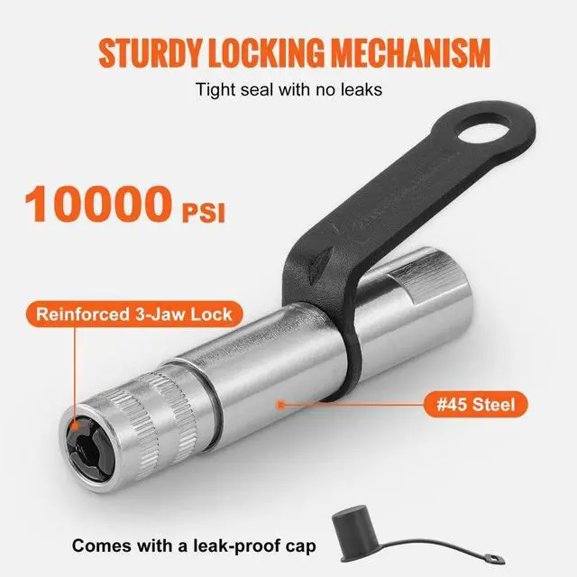 Alt view image 3 of 7 - VEVOR Grease Gun Coupler, 10000 PSI High Pressure, 3-Jaw Locking, Quick Release Grease Gun Tip with Hose/Zerk Fittings Cleaner/Extension Needles, Compatible with All Grease Guns 1/8" NPT Fittings