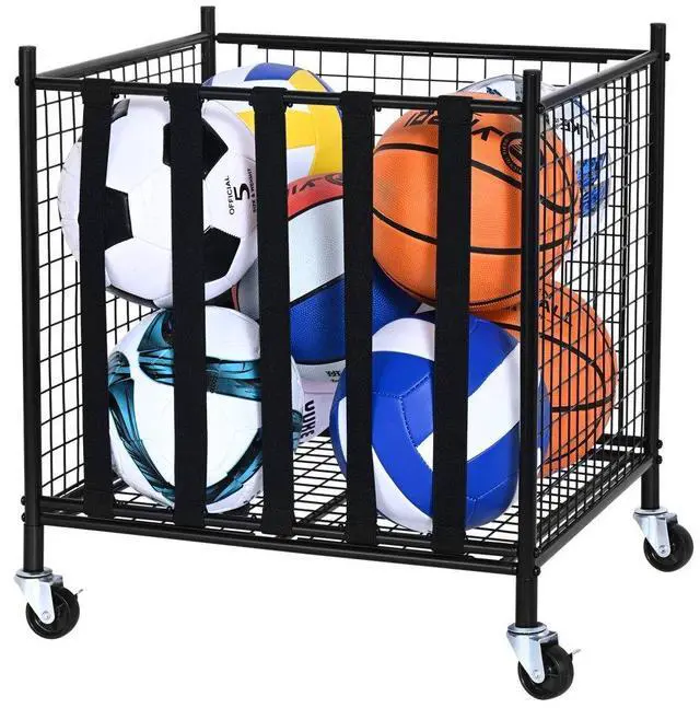 Main image of VEVOR Rolling Sports Ball Storage Cart, Lockable Basketball Cage with Elastic Straps, Sport Equipment Holder Organizer for Indoor Outdoor, Steel Storage Rack for Garages, Playgroup, Gym and Schools