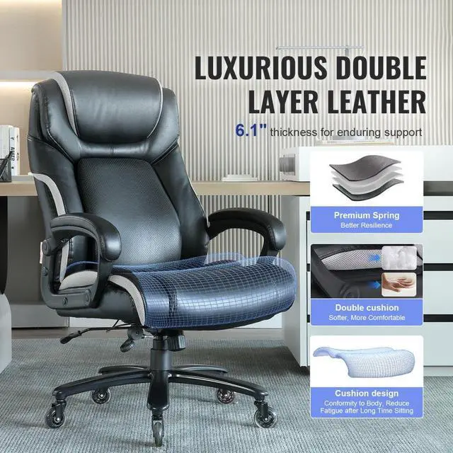 Alt view image 3 of 7 - VEVOR Heavy Duty Executive Office Chair with Cutting-edge Adjustable Lumbar Support for Long Hours, Big and Tall 400lbs Office Chair, Wide Thick Padded Strong Metal Base Quiet Wheels