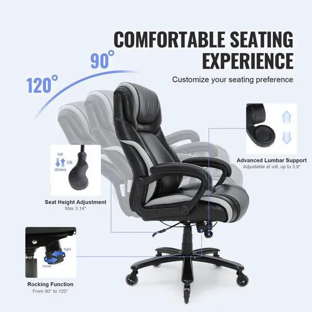 Alt view image 6 of 7 - VEVOR Heavy Duty Executive Office Chair with Cutting-edge Adjustable Lumbar Support for Long Hours, Big and Tall 400lbs Office Chair, Wide Thick Padded Strong Metal Base Quiet Wheels