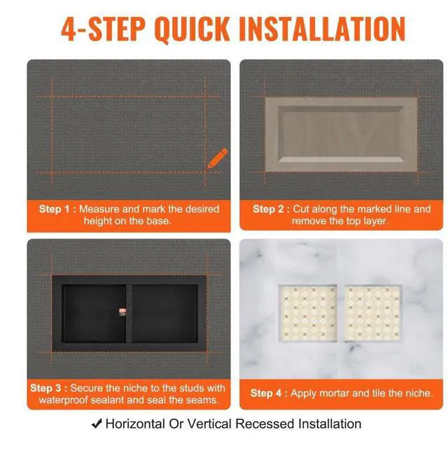 Alt view image 5 of 7 - VEVOR Shower Niche Ready for Tile 16" x 32", Double Shelf Organizer, Square Corners Wall-inserted Niche Recessed, Sealed Protection Modern Soap Storage Niche for Shower Bathroom, Black