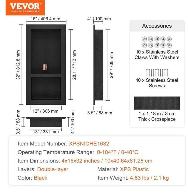 Alt view image 7 of 7 - VEVOR Shower Niche Ready for Tile 16" x 32", Double Shelf Organizer, Square Corners Wall-inserted Niche Recessed, Sealed Protection Modern Soap Storage Niche for Shower Bathroom, Black