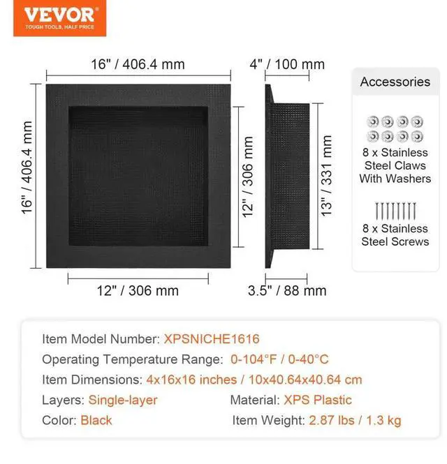 Alt view image 7 of 7 - VEVOR Shower Niche Ready for Tile 16" x 16", Single Shelf Organizer, Square Corners Wall-inserted Niche Recessed, Sealed Protection Modern Soap Storage Niche for Shower Bathroom, Black