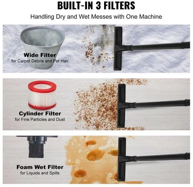 Alt view image 3 of 7 - VEVOR Shop Vacuum Wet And Dry, 5 Gallon 6 Peak HP Wet/Dry Vac, Powerful Suction with Blower Function with Attachments 2-in-1 Crevice Nozzle, Small Shop Vac Perfect for Carpet Debris, Pet Hair, Car