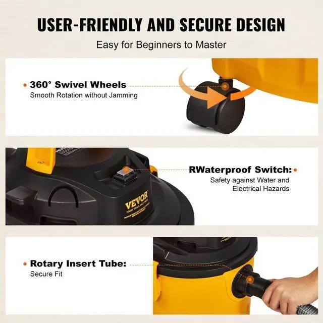 Alt view image 5 of 7 - VEVOR Shop Vacuum Wet And Dry, 5 Gallon 6 Peak HP Wet/Dry Vac, Powerful Suction with Blower Function with Attachments 2-in-1 Crevice Nozzle, Small Shop Vac Perfect for Carpet Debris, Pet Hair, Car