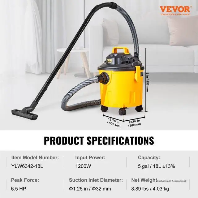 Alt view image 7 of 7 - VEVOR Shop Vacuum Wet And Dry, 5 Gallon 6 Peak HP Wet/Dry Vac, Powerful Suction with Blower Function with Attachments 2-in-1 Crevice Nozzle, Small Shop Vac Perfect for Carpet Debris, Pet Hair, Car