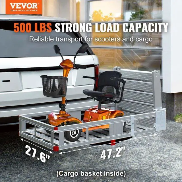 Alt view image 2 of 7 - VEVOR Hitch Mount Cargo Carrier, 45.3" x 25.6" Aluminum Hitch Cargo Rack with Folding Ramp, Hitch Rack Basket with Stabilizer and Straps, 500LBS Mobility Scooter Carrier Fit 2" Hitch Receiver