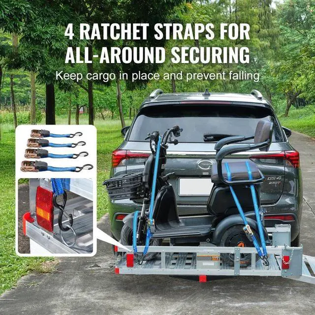 Alt view image 5 of 7 - VEVOR Hitch Mount Cargo Carrier, 45.3" x 25.6" Aluminum Hitch Cargo Rack with Folding Ramp, Hitch Rack Basket with Stabilizer and Straps, 500LBS Mobility Scooter Carrier Fit 2" Hitch Receiver