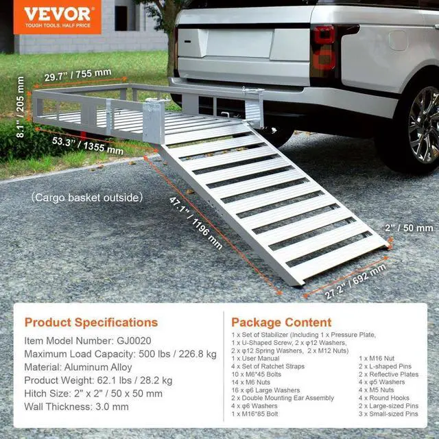 Alt view image 7 of 7 - VEVOR Hitch Mount Cargo Carrier, 45.3" x 25.6" Aluminum Hitch Cargo Rack with Folding Ramp, Hitch Rack Basket with Stabilizer and Straps, 500LBS Mobility Scooter Carrier Fit 2" Hitch Receiver