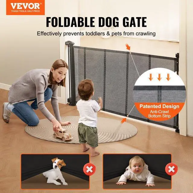 Alt view image 2 of 7 - VEVOR Retractable Baby Gate, 34.2" Tall Mesh Baby Gate, Extends up to 60" Wide Retractable Gate for Kids or Pets, Retractable Dog Gates for Indoor Stairs, Doorways, Hallways, Playrooms, Black