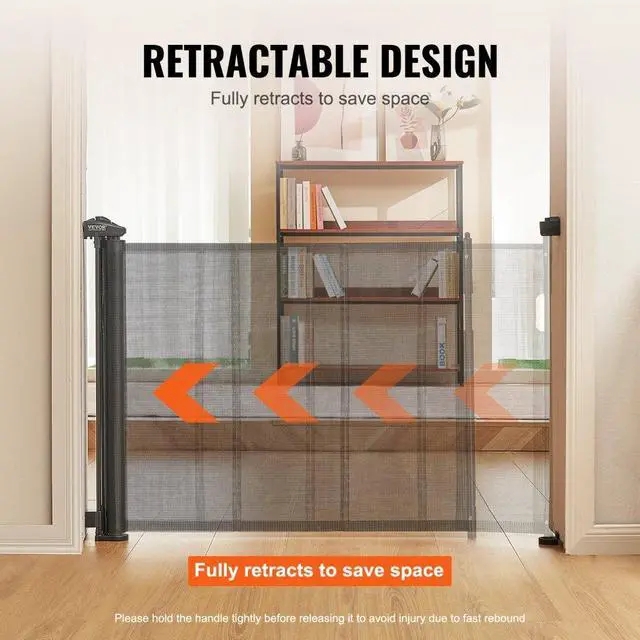 Alt view image 6 of 7 - VEVOR Retractable Baby Gate, 34.2" Tall Mesh Baby Gate, Extends up to 60" Wide Retractable Gate for Kids or Pets, Retractable Dog Gates for Indoor Stairs, Doorways, Hallways, Playrooms, Black