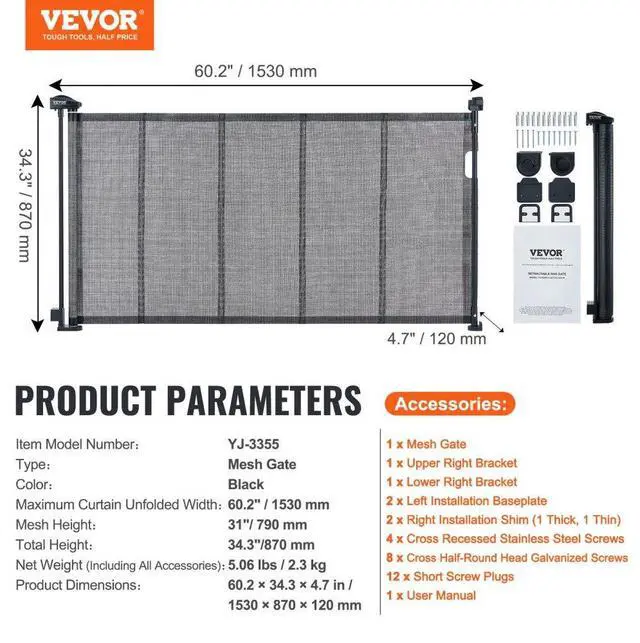 Alt view image 7 of 7 - VEVOR Retractable Baby Gate, 34.2" Tall Mesh Baby Gate, Extends up to 60" Wide Retractable Gate for Kids or Pets, Retractable Dog Gates for Indoor Stairs, Doorways, Hallways, Playrooms, Black