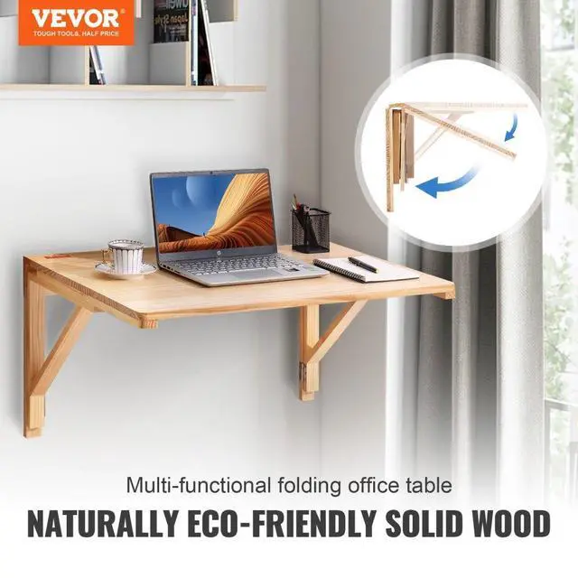 Alt view image 2 of 7 - VEVOR Wall Mounted Folding Table, Wall Mounted Drop Leaf Tables, Solid Wood Floating Desk for Dining, Laundry Room, Office, 31.5" x 23.58" x 17.24" Fold Down Desk