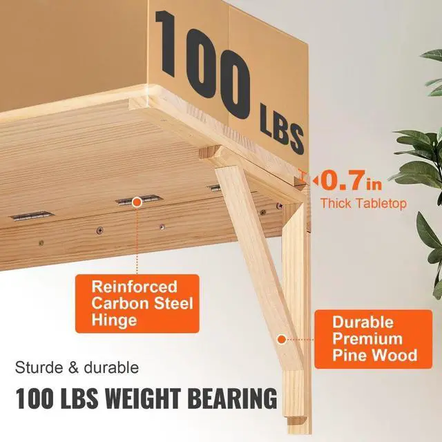 Alt view image 3 of 7 - VEVOR Wall Mounted Folding Table, Wall Mounted Drop Leaf Tables, Solid Wood Floating Desk for Dining, Laundry Room, Office, 31.5" x 23.58" x 17.24" Fold Down Desk