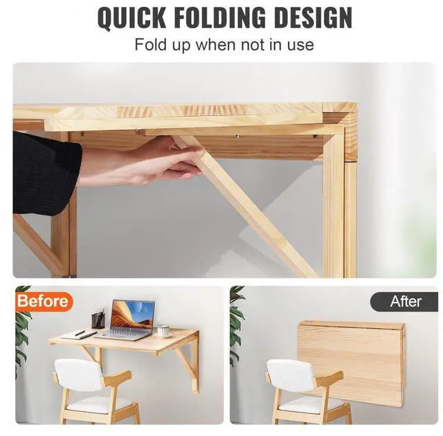 Alt view image 4 of 7 - VEVOR Wall Mounted Folding Table, Wall Mounted Drop Leaf Tables, Solid Wood Floating Desk for Dining, Laundry Room, Office, 31.5" x 23.58" x 17.24" Fold Down Desk