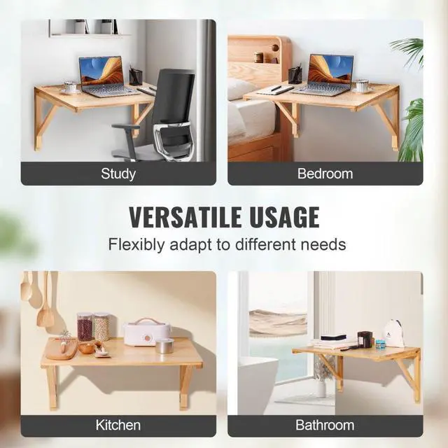 Alt view image 6 of 7 - VEVOR Wall Mounted Folding Table, Wall Mounted Drop Leaf Tables, Solid Wood Floating Desk for Dining, Laundry Room, Office, 31.5" x 23.58" x 17.24" Fold Down Desk