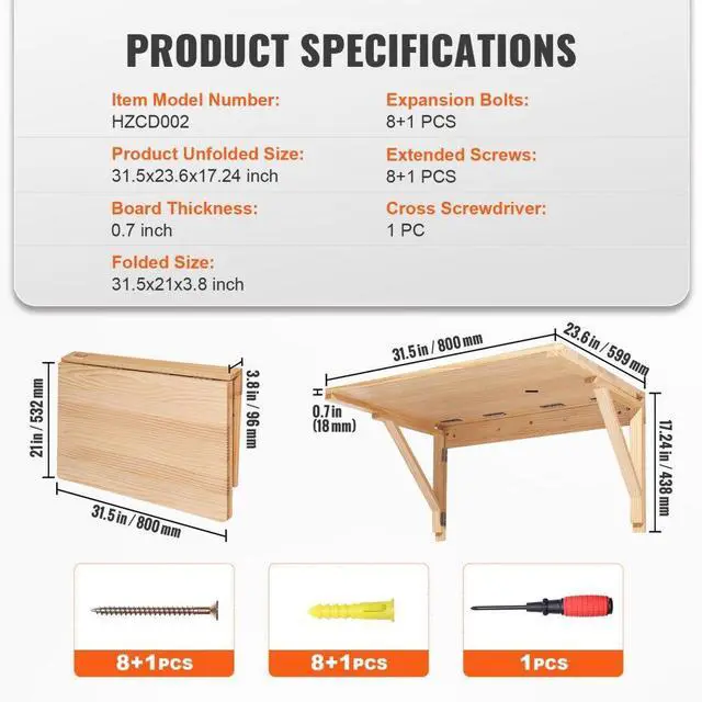 Alt view image 7 of 7 - VEVOR Wall Mounted Folding Table, Wall Mounted Drop Leaf Tables, Solid Wood Floating Desk for Dining, Laundry Room, Office, 31.5" x 23.58" x 17.24" Fold Down Desk