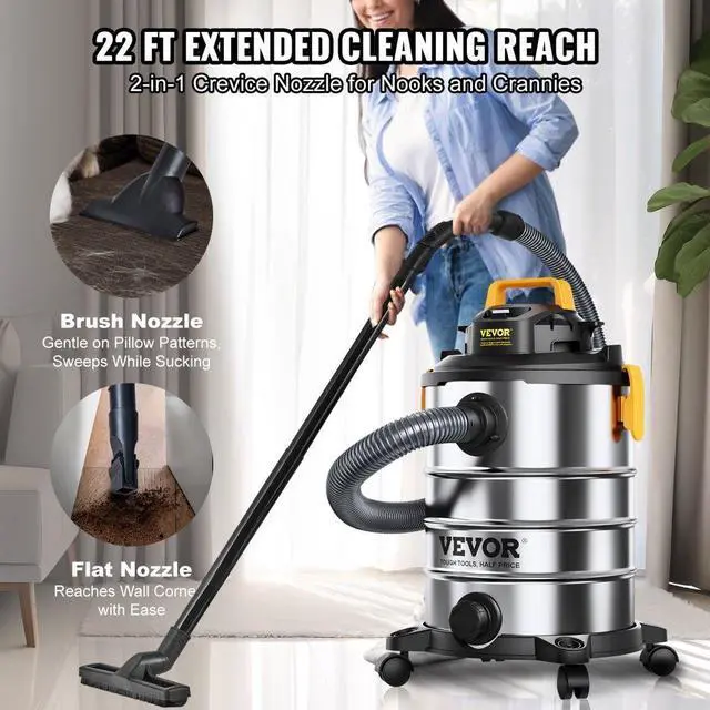 Alt view image 4 of 7 - VEVOR Stainless Steel Wet Dry Shop Vacuum, 8 Gallon 6 Peak HP Wet/Dry Vac, Powerful Suction with Blower Function w/ Attachment 2-in-1 Crevice Nozzle, Small Shop Vac Perfect for Carpet Debris, Pet Hair