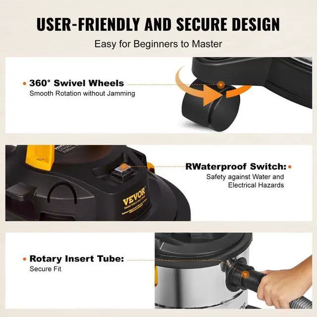 Alt view image 5 of 7 - VEVOR Stainless Steel Wet Dry Shop Vacuum, 8 Gallon 6 Peak HP Wet/Dry Vac, Powerful Suction with Blower Function w/ Attachment 2-in-1 Crevice Nozzle, Small Shop Vac Perfect for Carpet Debris, Pet Hair