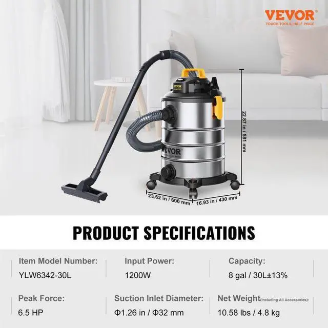 Alt view image 7 of 7 - VEVOR Stainless Steel Wet Dry Shop Vacuum, 8 Gallon 6 Peak HP Wet/Dry Vac, Powerful Suction with Blower Function w/ Attachment 2-in-1 Crevice Nozzle, Small Shop Vac Perfect for Carpet Debris, Pet Hair