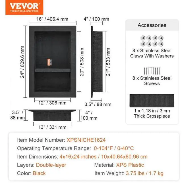 Alt view image 7 of 7 - VEVOR Shower Niche Ready for Tile 16" x 24", Double Shelf Organizer, Square Corners Wall-inserted Niche Recessed, Sealed Protection Modern Soap Storage Niche for Shower Bathroom, Black