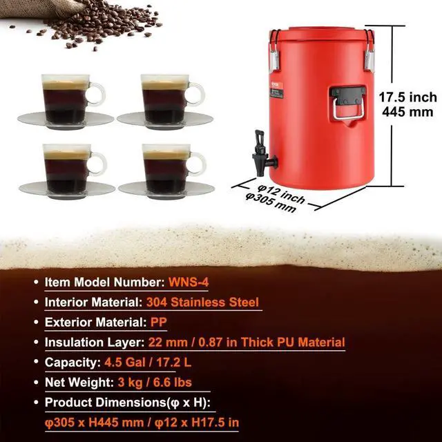 Alt view image 7 of 7 - VEVOR Stainless Steel Insulated Beverage Dispenser, 4.5 Gallon 17.2 Liter, Thermal Hot and Cold Drink Server Dispenser with Spigot Handle, Food-grade for Hot Tea Coffee Water Restaurant Drink Shop