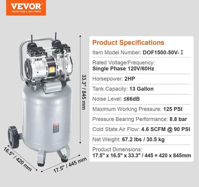 Alt view image 7 of 7 - VEVOR 13 Gallon Air Compressor, 2HP 4.6 SCFM@90PSI Oil Free Air Compressor Tank, 66dB Ultra-Quiet Compressor for Tire Inflation, Auto Repair, Woodwork Nailing, Spray Painting (125PSI Max Pressure)