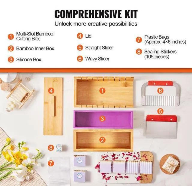 Alt view image 3 of 14 - VEVOR Soap Making Kit, Bamboo Cutting Box and Inner Box with Silicone Mold, Stainless Steel Straight Cutter and Wavy Cutter, 100 Bags and 105 Stickers, Soap Making Supplies DIY Kits for Adults