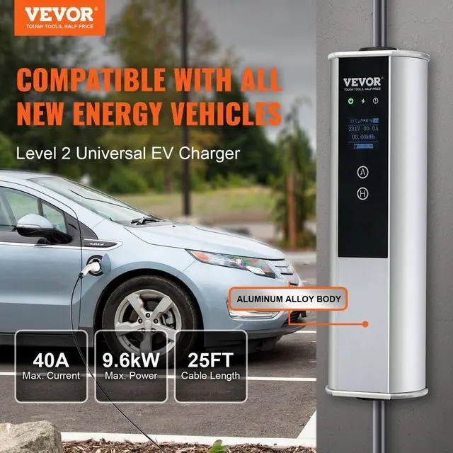 Alt view image 2 of 7 - VEVOR Level 2 Portable EV Charger, 40A 240V, Electric Vehicle Charger with 25 ft Charging Cable NEMA 14-50P Plug, 40A/32A/24A/16A Adjustable Current Plug-in Home EV Charging Station for SAE J1772 EVs