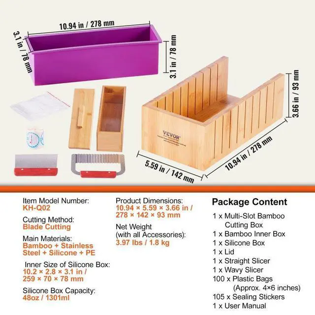 Alt view image 7 of 14 - VEVOR Soap Making Kit, Bamboo Cutting Box and Inner Box with Silicone Mold, Stainless Steel Straight Cutter and Wavy Cutter, 100 Bags and 105 Stickers, Soap Making Supplies DIY Kits for Adults