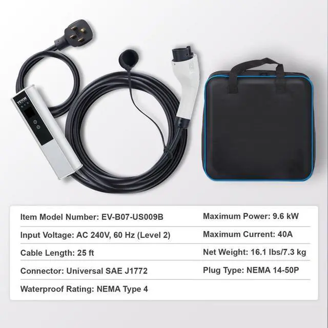 Alt view image 7 of 7 - VEVOR Level 2 Portable EV Charger, 40A 240V, Electric Vehicle Charger with 25 ft Charging Cable NEMA 14-50P Plug, 40A/32A/24A/16A Adjustable Current Plug-in Home EV Charging Station for SAE J1772 EVs