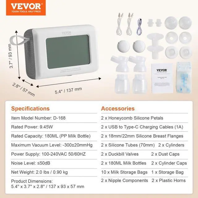 Alt view image 7 of 7 - VEVOR Breast Pump, Single/Double Adjustable Electric Breast Pumps, 4 Modes & 9/15 Levels, Reciprocating Piston Pumps, 4000mAH Anti-Backflow Breastfeeding Pump with 300mmHg High Suction, 18/22mm Flange