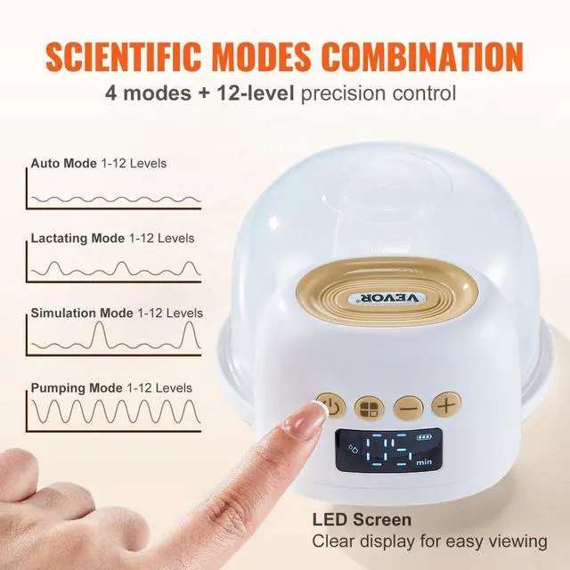 Alt view image 4 of 7 - VEVOR Breast Pump, Wearable Electric Breast Pumps Hands Free, 4 Mode & 12 Levels, 300mmHg Strong Suction, Ultra-Quiet Rechargeable Portable Breastfeeding Pump with LED Display, 24mm Insert/28mm Flange
