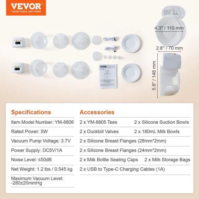 Alt view image 7 of 7 - VEVOR Breast Pump, Wearable Electric Breast Pumps Hands Free, 4 Mode & 12 Levels, 300mmHg Strong Suction, Ultra-Quiet Rechargeable Portable Breastfeeding Pump with LED Display, 24mm Insert/28mm Flange