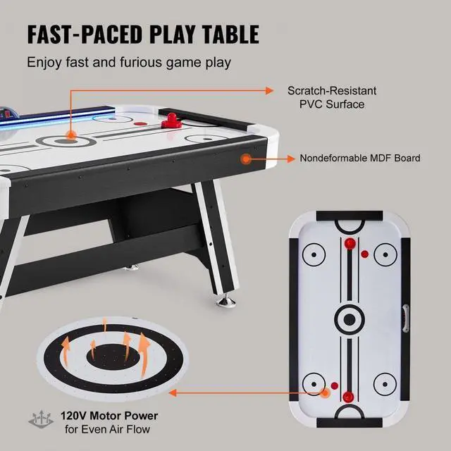 Alt view image 3 of 7 - VEVOR Air-Powered Hockey Table, 72" Indoor Hockey Table for Kids and Adults, LED Sports Hockey Game with 2 Pucks, 2 Pushers, and Electronic Score System, Arcade Gaming Set for Game Room Family Home