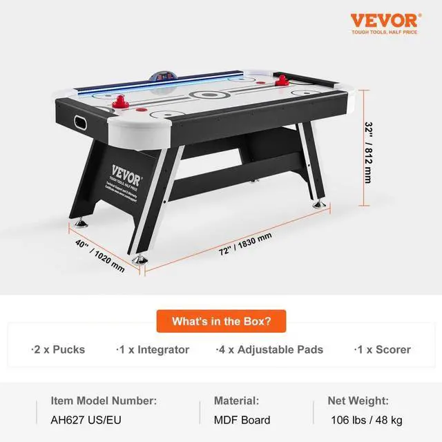 Alt view image 7 of 7 - VEVOR Air-Powered Hockey Table, 72" Indoor Hockey Table for Kids and Adults, LED Sports Hockey Game with 2 Pucks, 2 Pushers, and Electronic Score System, Arcade Gaming Set for Game Room Family Home