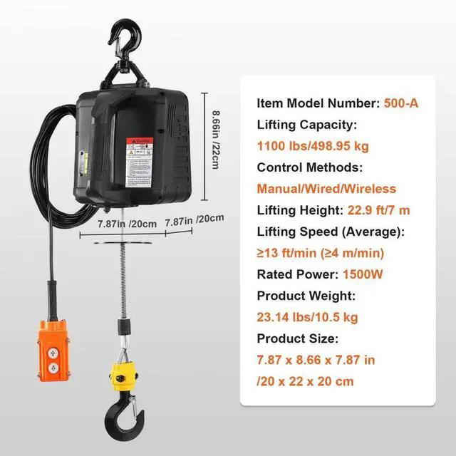 Alt view image 7 of 7 - VEVOR 3-in-1 Electric Hoist Winch, 1100lbs 1500W Portable Power Winch Crane, 110V/120V 22.9 ft Lifting Height, 13 ft/min with Manual, Wired and Wireless Remote Control, Overload Protection