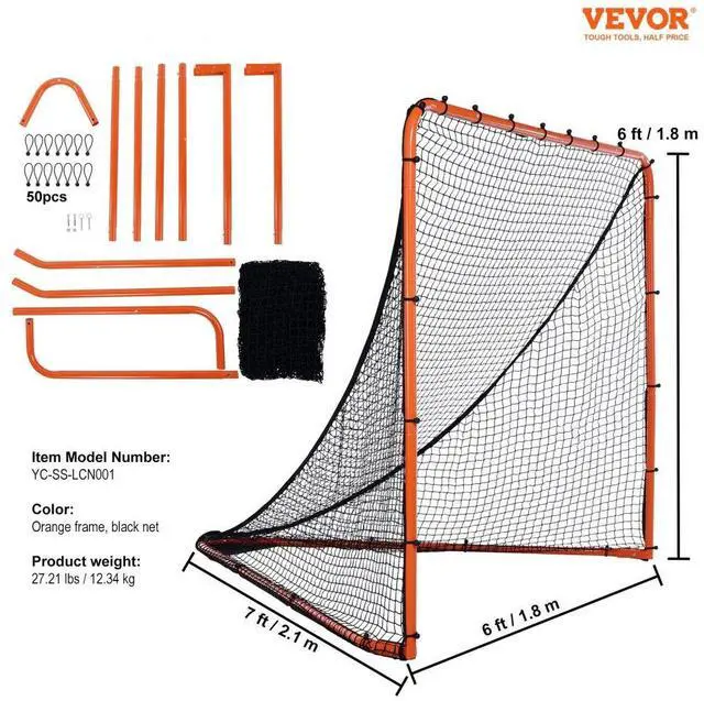 Alt view image 7 of 14 - VEVOR Lacrosse Goal, 6' x 6' Lacrosse Net, Folding Portable Backyard Lacrosse Training Equipment, Steel Frame Training Net, Quick & Easy Setup Lacrosse Goal, Perfect for Youth Adult Training, Orange