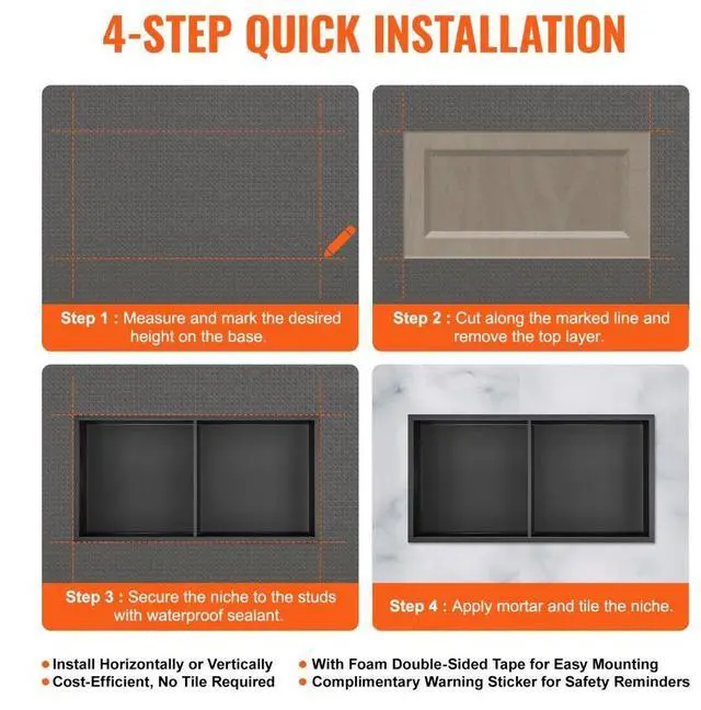 Alt view image 5 of 7 - VEVOR 13"x25" No Tile Shower Niche 304 Stainless Steel, Wall-Inserted Niche Recessed Double Shelves, Sealed Waterproof Rust-Resistant Easy Cleaning Modern Niche for Shower or Soap Storage Bathroom
