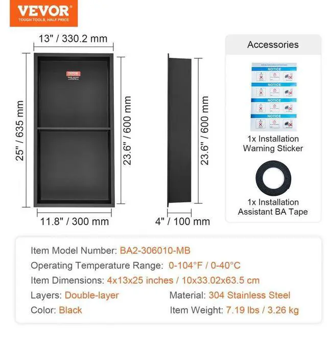 Alt view image 7 of 7 - VEVOR 13"x25" No Tile Shower Niche 304 Stainless Steel, Wall-Inserted Niche Recessed Double Shelves, Sealed Waterproof Rust-Resistant Easy Cleaning Modern Niche for Shower or Soap Storage Bathroom