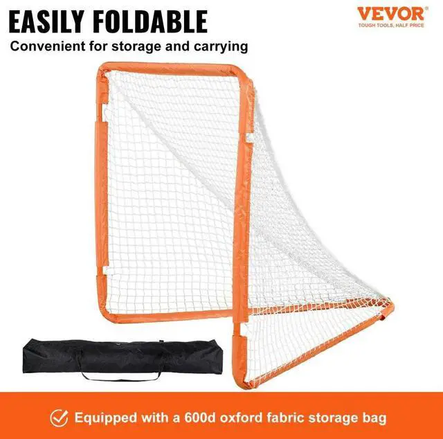 Alt view image 2 of 14 - VEVOR Lacrosse Goal, 4' x 4' Small Kids Lacrosse Net, Folding Portable Lacrosse Goal with Carry Bag, Iron Frame Backyard Training Equipment, Quick & Easy Setup, Perfect for Youth Training, Orange