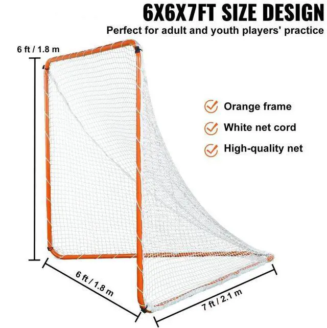 Alt view image 5 of 7 - VEVOR Lacrosse Goal, 6' x 6' Lacrosse Net, Steel Frame Backyard Lacrosse Training Equipment, Portable Lacrosse Goal with Carry Bag, Quick & Easy Setup, Perfect for Youth Adult Training, Orange