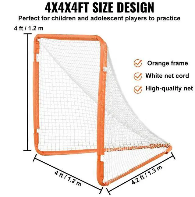 Alt view image 5 of 14 - VEVOR Lacrosse Goal, 4' x 4' Small Kids Lacrosse Net, Folding Portable Lacrosse Goal with Carry Bag, Iron Frame Backyard Training Equipment, Quick & Easy Setup, Perfect for Youth Training, Orange