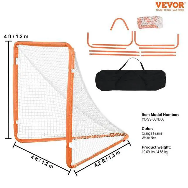 Alt view image 7 of 14 - VEVOR Lacrosse Goal, 4' x 4' Small Kids Lacrosse Net, Folding Portable Lacrosse Goal with Carry Bag, Iron Frame Backyard Training Equipment, Quick & Easy Setup, Perfect for Youth Training, Orange
