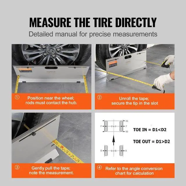 Alt view image 6 of 7 - VEVOR Wheel Alignment Tool, 2-Pack Alignment Tool Toe Plates, Stainless Steel Toe Angle Measurement Tool Plate, 4 Alignment Rods and Magnetic Slots, Includes Measuring Tapes & Conversion Chart